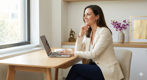 Une femme pro à son bureau, lumineuse, confiante, avec des touches de violet/or floues en arrière-plan.